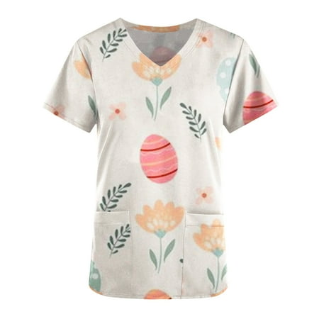 

Womens Easter Bunny Print Scrub Tops Fashion Short Sleeve V Neck Working Uniforms Blouse Shirt for Ladies
