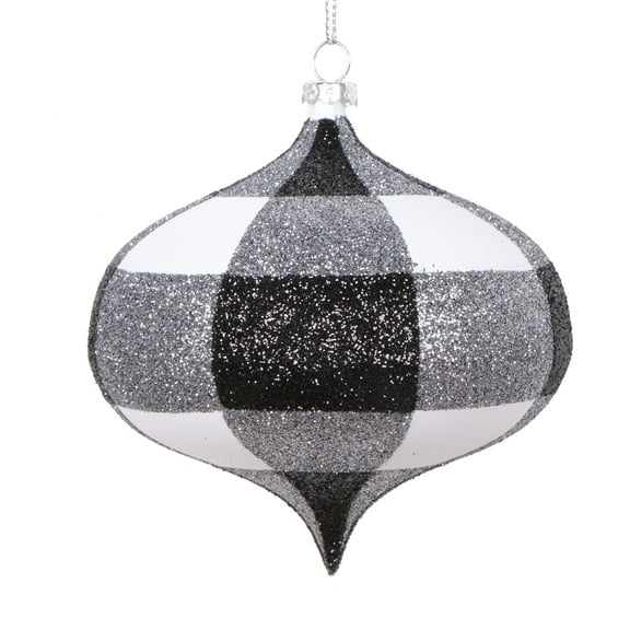 Vickerman 4" White Black Plaid Glitter Onion Ornament, 3 per bag.