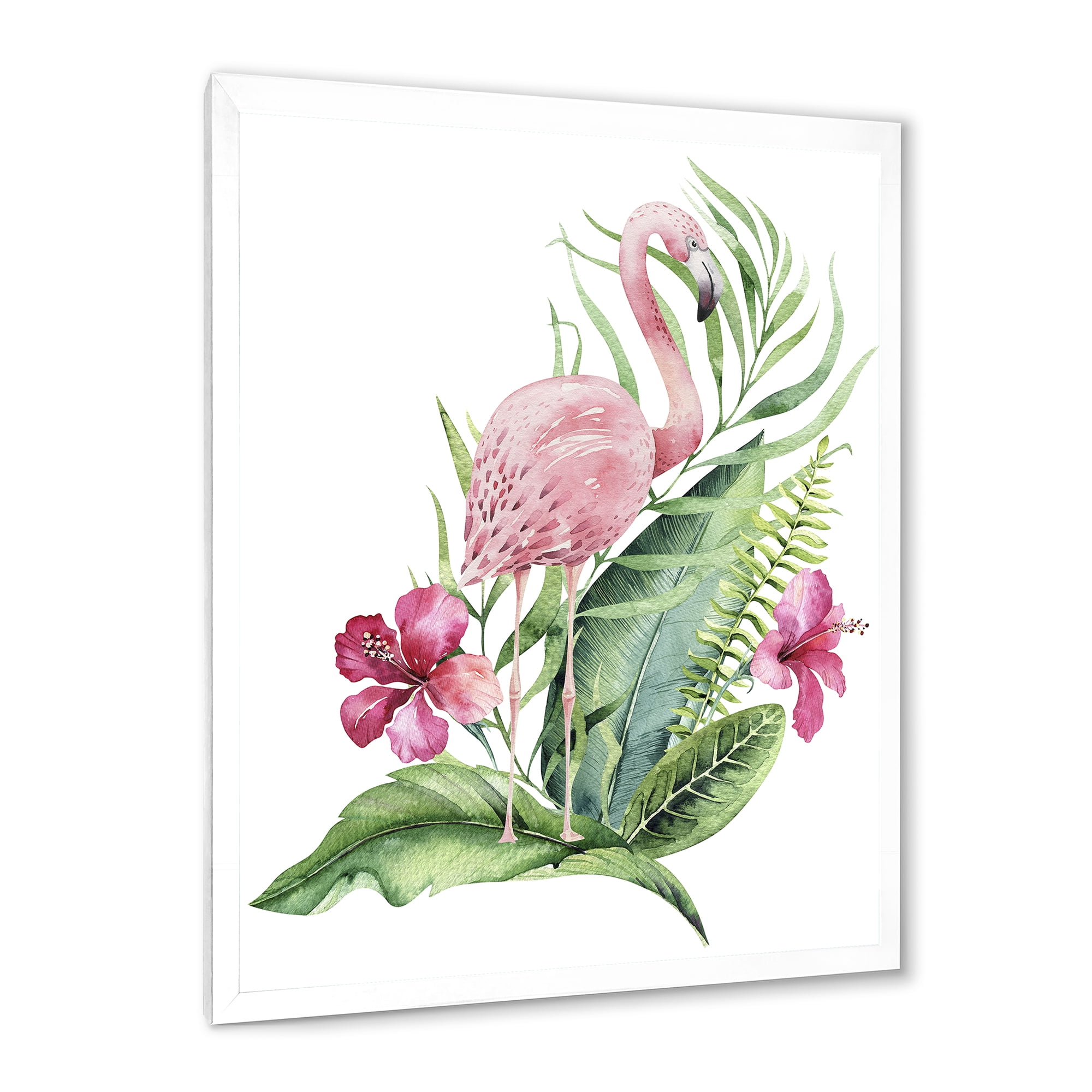 Designart 'Flamingo With Pink Flowers and Exotic Foliage' Traditional Framed Art Print