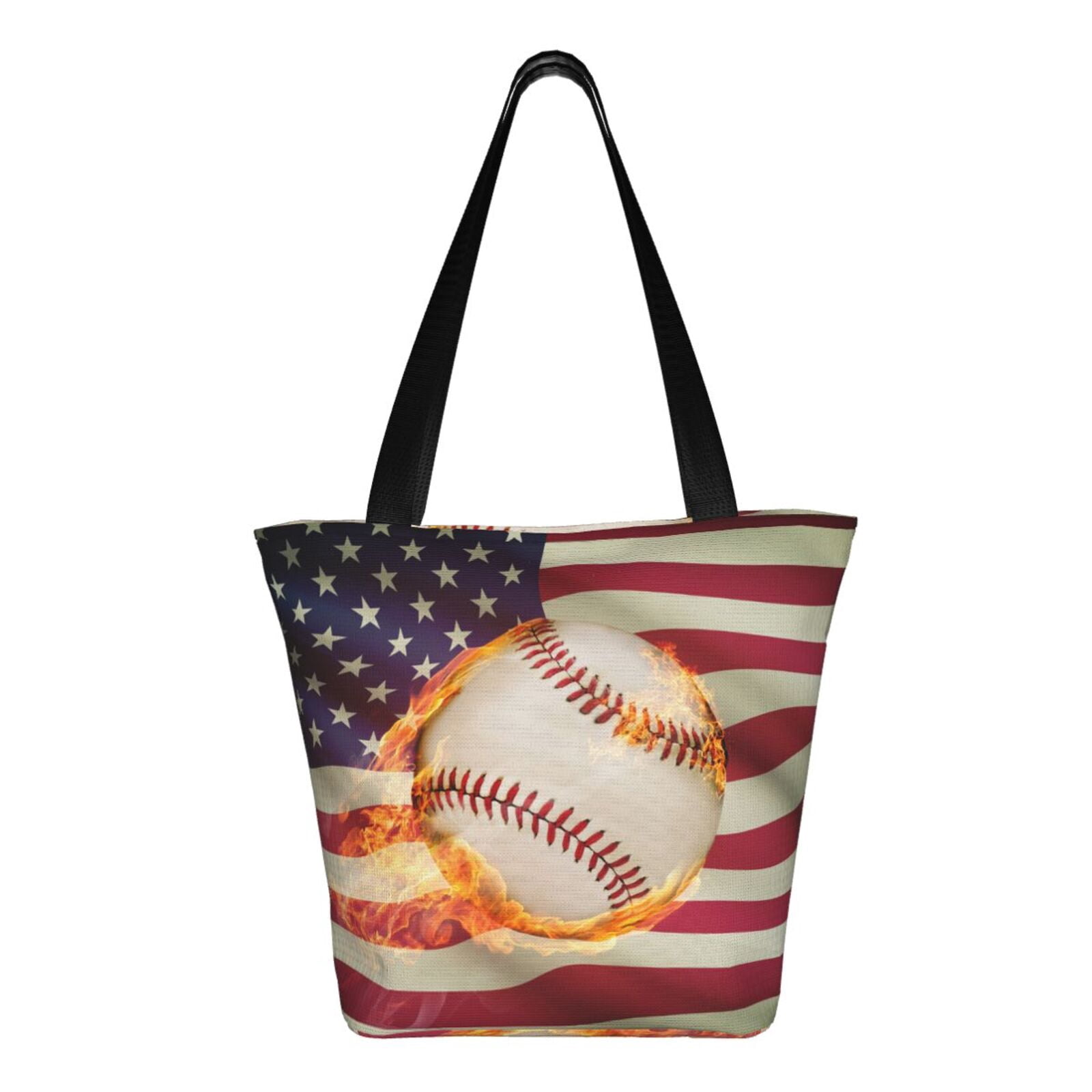 Horeoi Baseball Ball With Flag Print Shoulder Bag for Women Large Capacity Zipper Tote for Shopping Beach Travel Gym with Inner Pocket