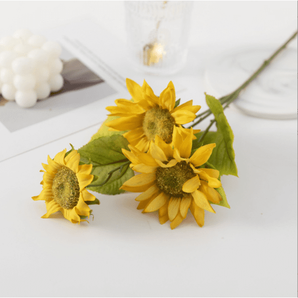 Xiao Hua 3 flores artificiales de girasol amarillo, flores falsas, flores artificiales para decoración de bodas