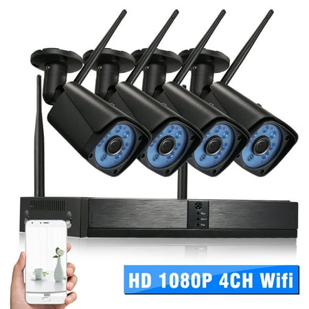 Network Camera Recorder Software H.265 Standard Wifi NVR With Camera Kit 4CH Channel HD 1080P Wifi NVR Network Video Recorder + 4pcs 1080P Wireless Wifi Weatherproof Outdoor Bullet IP Camera support Plug ()