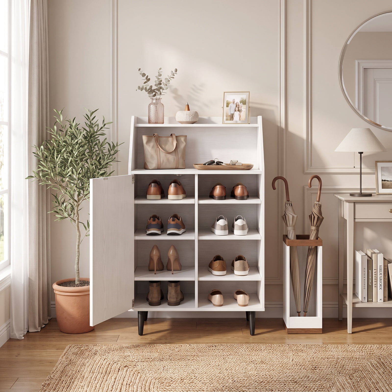 Furnibear Shoe Storage Cabinet with 2 Tier Open Compartment and 4 Tier Adjustable Shelf for Entryway Living Room Closet Bedroom, White