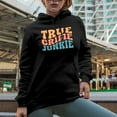 thumbnail image 2 of True Crime Junkie, Podcast Lover or Listener, Groovy Retro Wavy Text Merch Gift, Black Hooded Sweatshirt or Hoodie, XL, 2 of 5