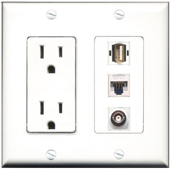 RiteAV - 15 Amp Power Outlet 1 Port USB A-A 1 Port BNC 1 Port Cat5e Ethernet White Decorative Wall Plate