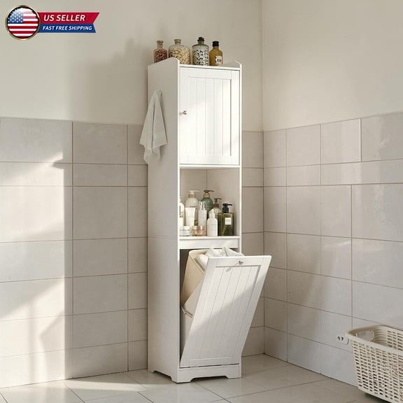 Hassch Tilt-Out Laundry Hamper Cabinet, 70.9" Freestanding Linen Tower Organizer with Fabric Basket, Open Compartment and Adjustable Shelves, for Bathroom Laundry Room, White