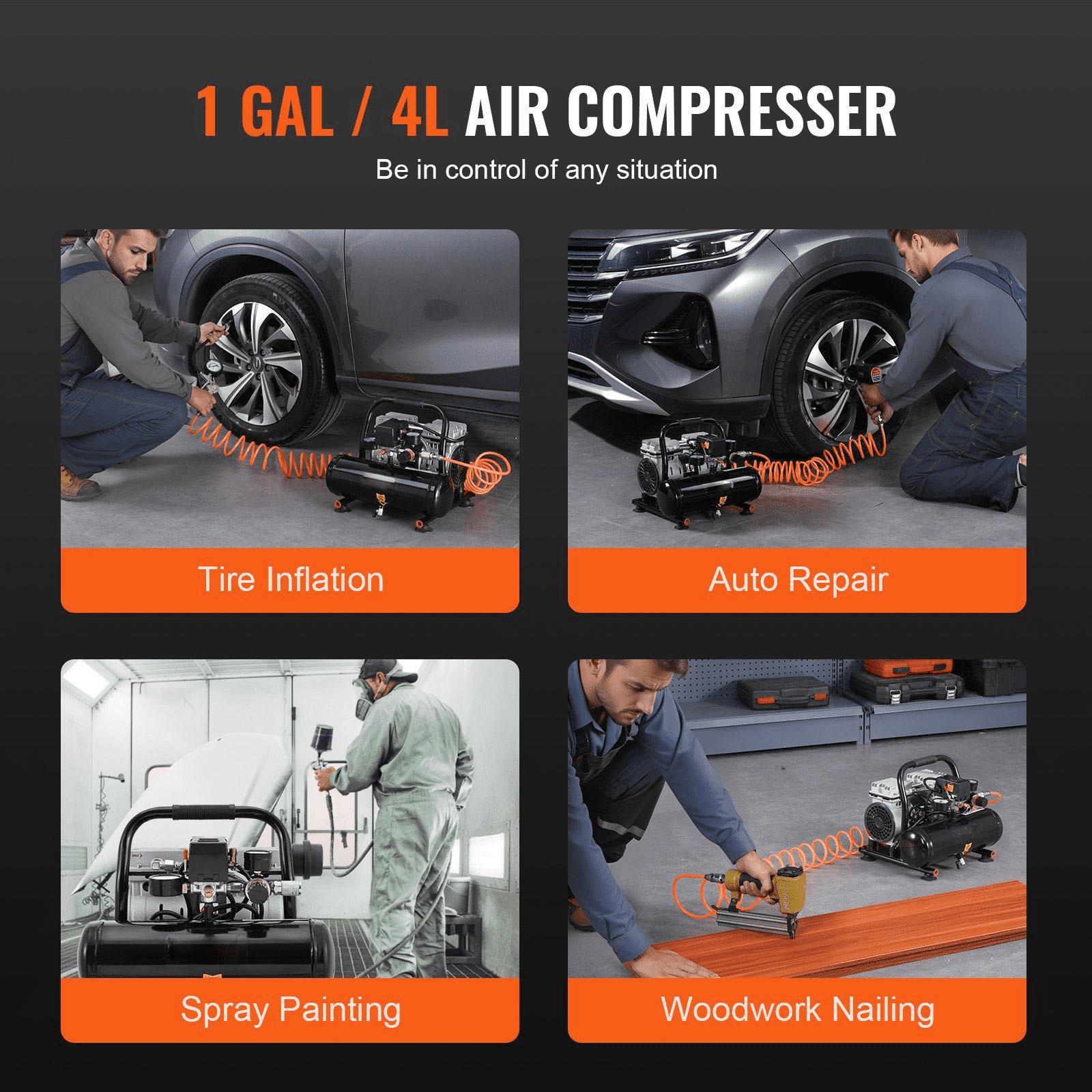 Air Compressor, 1 Gallon 90PSI Portable Oil-Free Compressor, Compact Horizontal Electric Air Compressor for Nailing, Painting, Tire Inflation, 120V