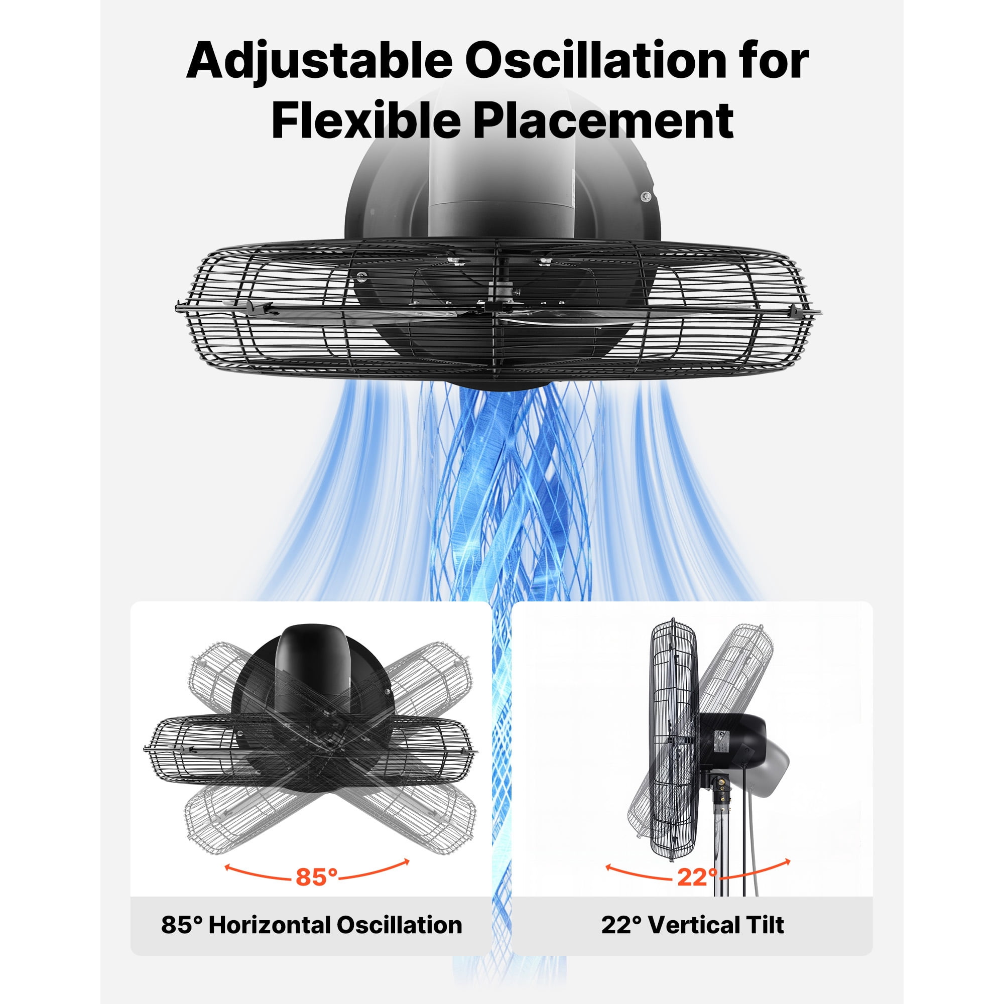 KFFKFF 30-Inch High Velocity Pedestal Fan, 9100 CFM Industrial Floor Fan with 85° Oscillation, Adjustable 3-Speed Settings and Height, IP44 Waterproof, Durable Carbon Steel Construction Black