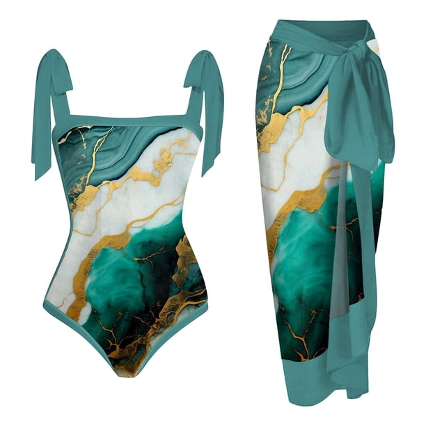 MKLEKYY Trajes De Baño Mujer Completo Women 1 Piece Swimwear+1 Piece Cover Up Two Piece Vintage Print Swimsuit Monokini Bikini 2 Piece Swimsuits Two Piece Tankini Set 790