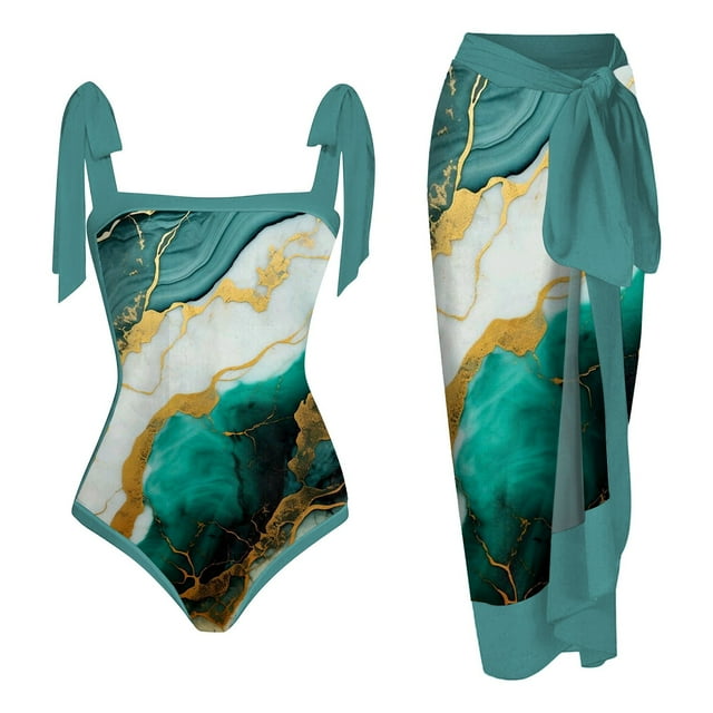 MKLEKYY Trajes De Baño Mujer Completo Women 1 Piece Swimwear+1 Piece Cover Up Two Piece Vintage Print Swimsuit Monokini Bikini 2 Piece Swimsuits Two Piece Tankini Set 788
