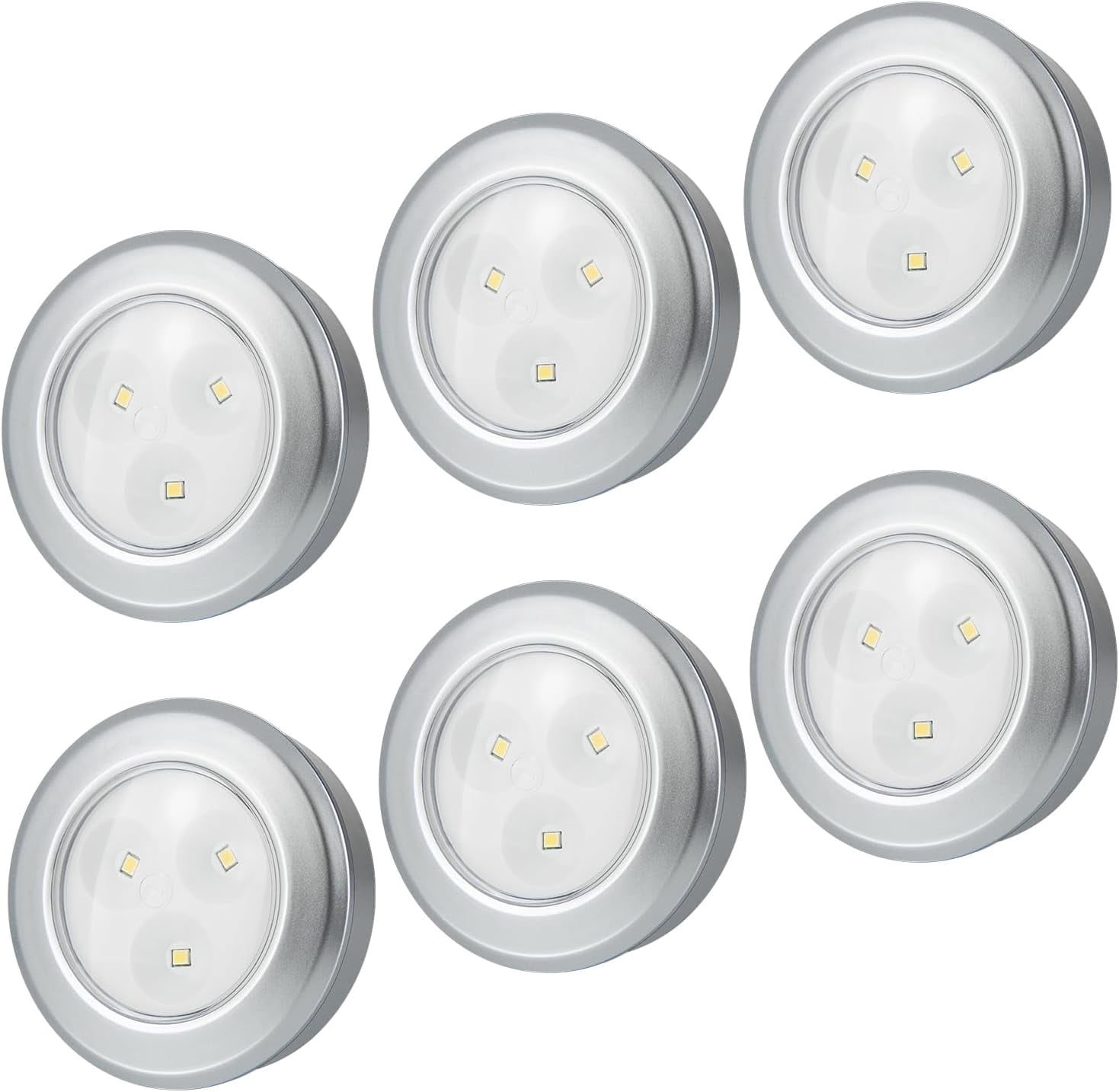 RGHJAR-LED Puck Lights, Battery Operated Tap Lights, Mini Night Touch Light, Stick On Light, Under Cabinet and Counter Lighting for Kitchen Sink, Shelf, 6-Pack, Silver
