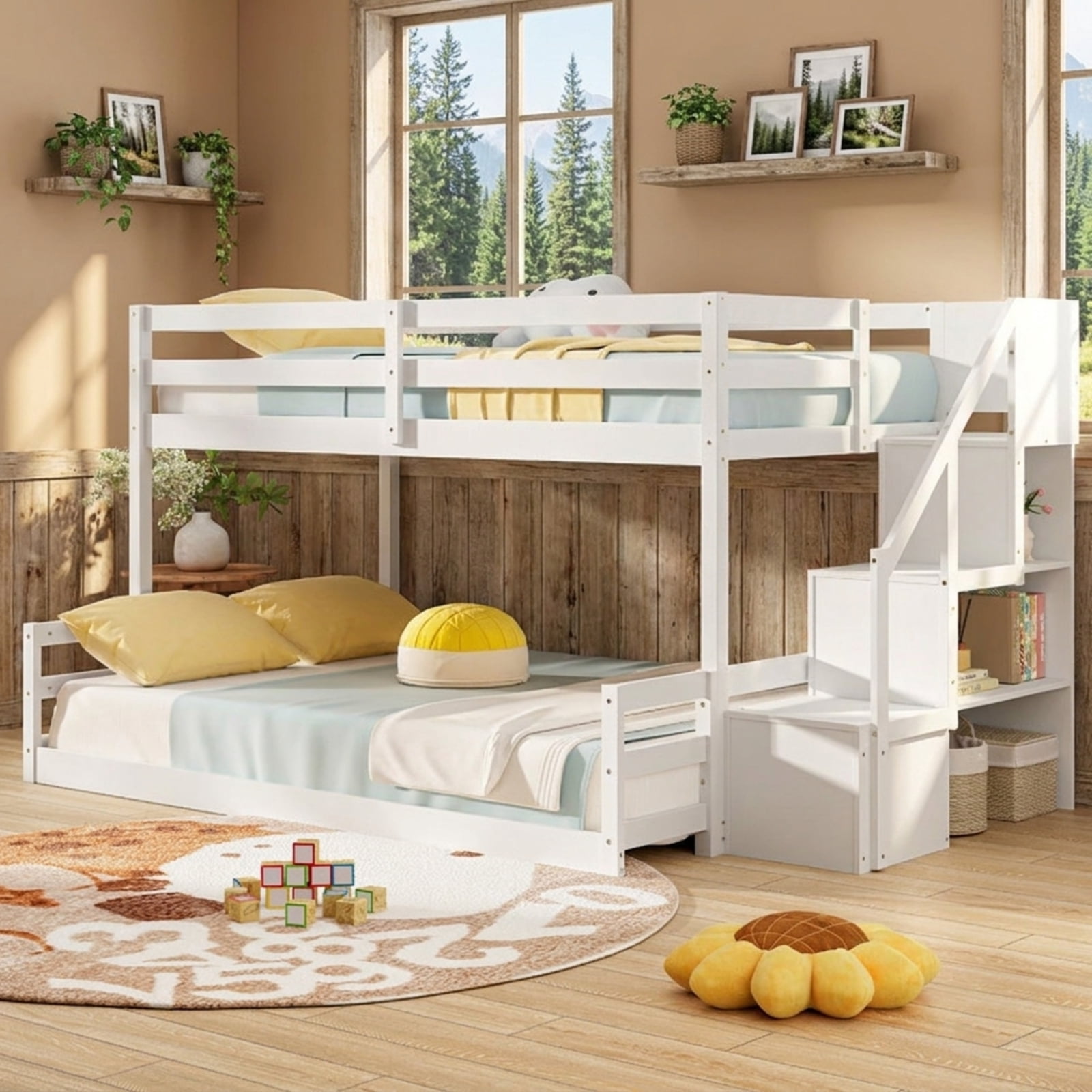 Furnibear Solid Wood Twin Over Full Low Bunk Bed with Storage Stairs and Headboard for Kids Bedroom Platform Sleep Space, White