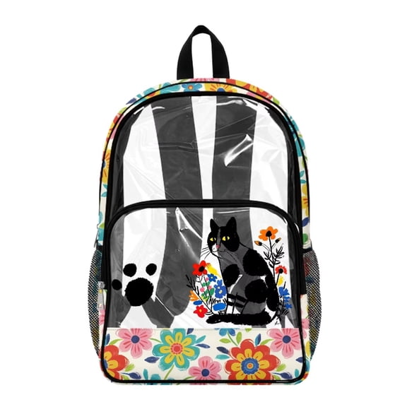 SEANATIVE PVC School Bag for Kids Clear Daypack Transparent Backpack See Through Bookbag Stylish Clear Bag with Front Pocket for Boys Girls, Cat Flower Paw