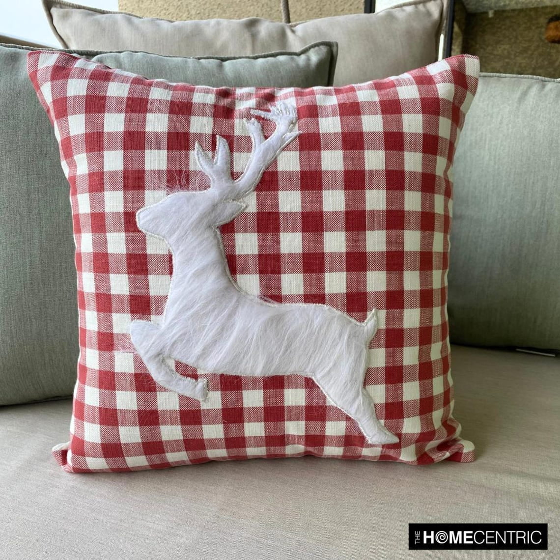 Holiday Throw Pillow cover, 26"x26" Red Cotton Pillow Cover, Country & Farmhouse Checkered Christmas Check Pillow Cover For Sofa Couch, Hotels, living Room, Bed Room - Furry Antlers