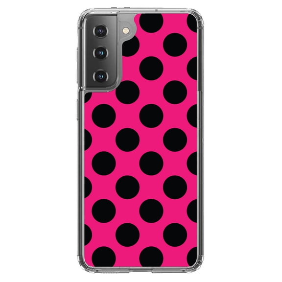 DistinctInk Clear Shockproof Hybrid Case for Galaxy S21  PLUS 5G (6.7" Screen) - TPU Bumper, Acrylic Back, Tempered Glass Screen Protector - Black & Hot Pink Polka Dots