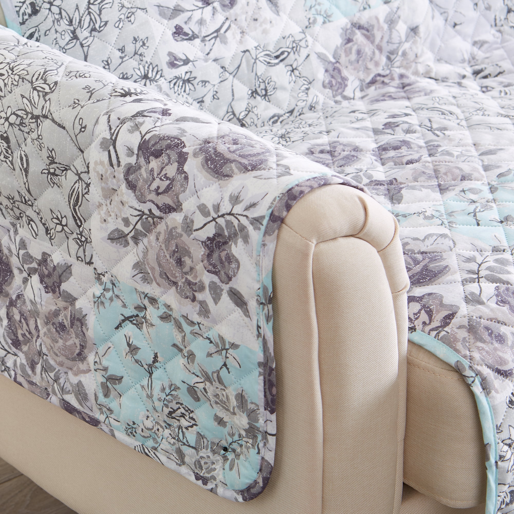Great Bay Home Floral Patchwork Reversible Washable Pet Furniture Protector  (26" Recliner, Gray / Aqua)