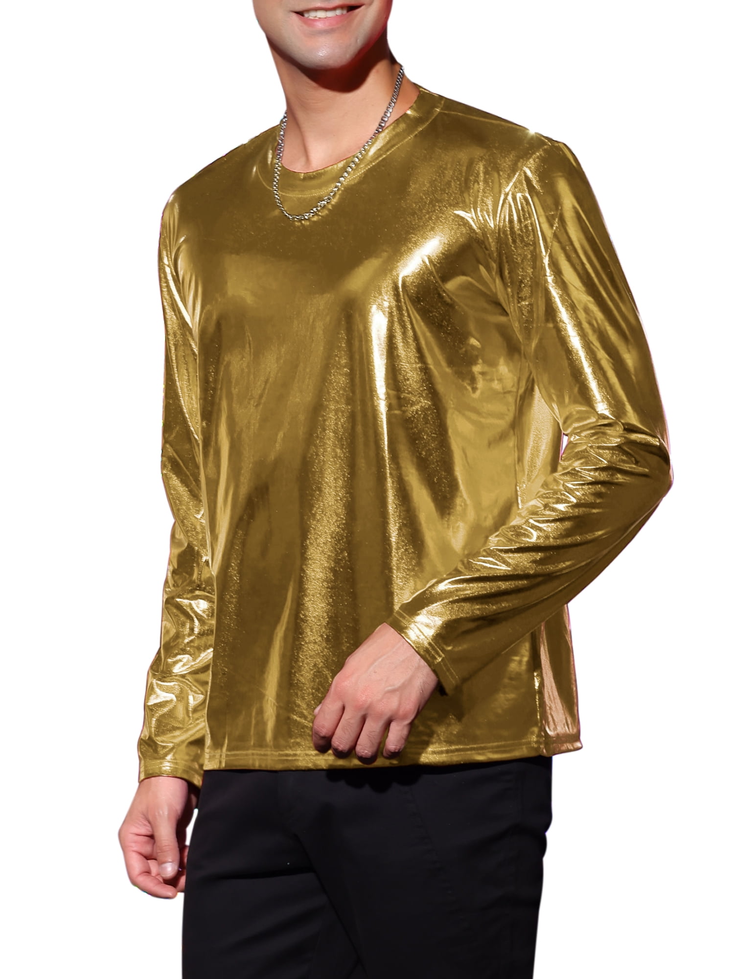 Unique Bargains Men's Metallic T-Shirt Round Neck Long Sleeve Shining Disco Tee Top L Golden