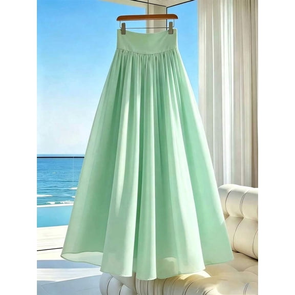 Mint Green High Waist Pleated A-Line Flowing Maxi Skirt For Women