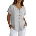 thumbnail image 2 of Women's Casual Short Sleeve V-Neck Button-Down Top - Loose Fit Linen-Blend Blouse for Summer, Everyday Wear & Vacation Light Gray L, 2 of 6