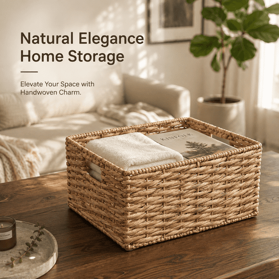 Water Hyacinth Storage Basket with Handles, Natural, 16.9" x 12.6" x 9.1"