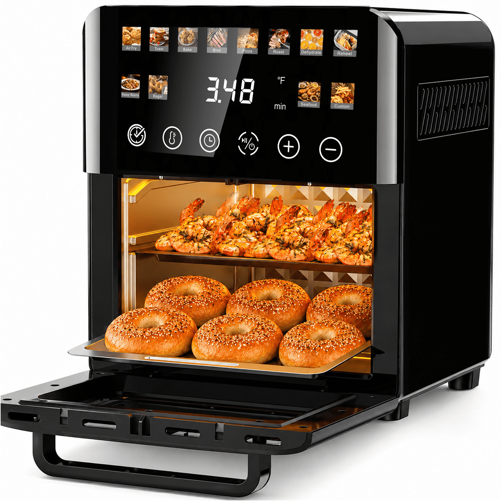 Patbrela 12QT Air Fryer Toaster Oven, 24H Delay Start Timer, 12 Preset Menus, Full-Color Touchscreen, 1500W Broi, Dehydrate, Bagel, Seafood for Home