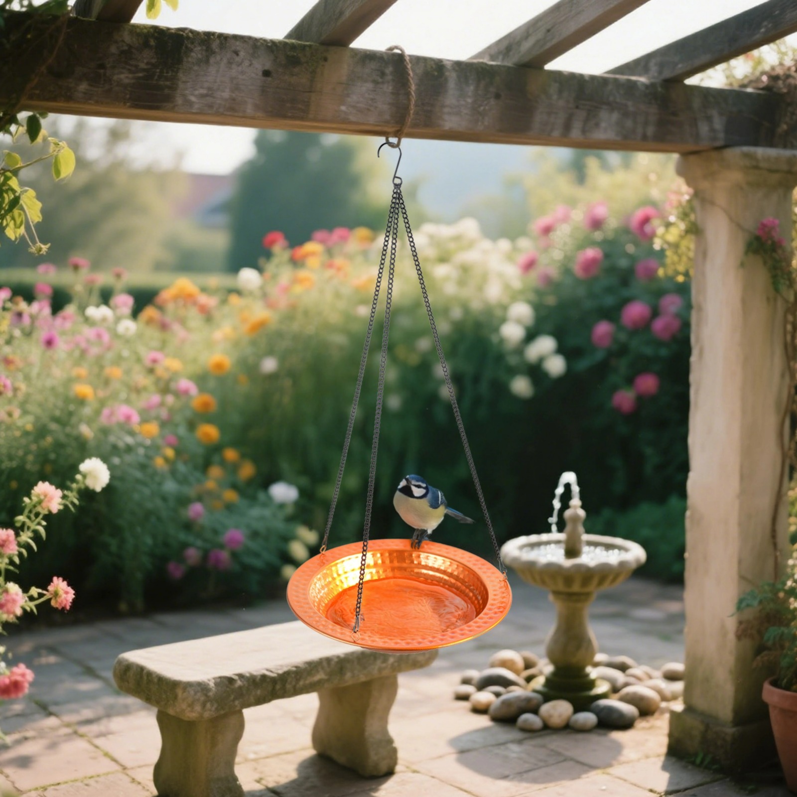 Metal Bird Bath for Outdoors, Hanging Birdbath with Chain and Hook, Handcrafted Metal Birdbath, 11.8 Inch (30.0 cm) Diameter, 24 Inch (61.0 cm) Height, Ideal for Gardens and Patios