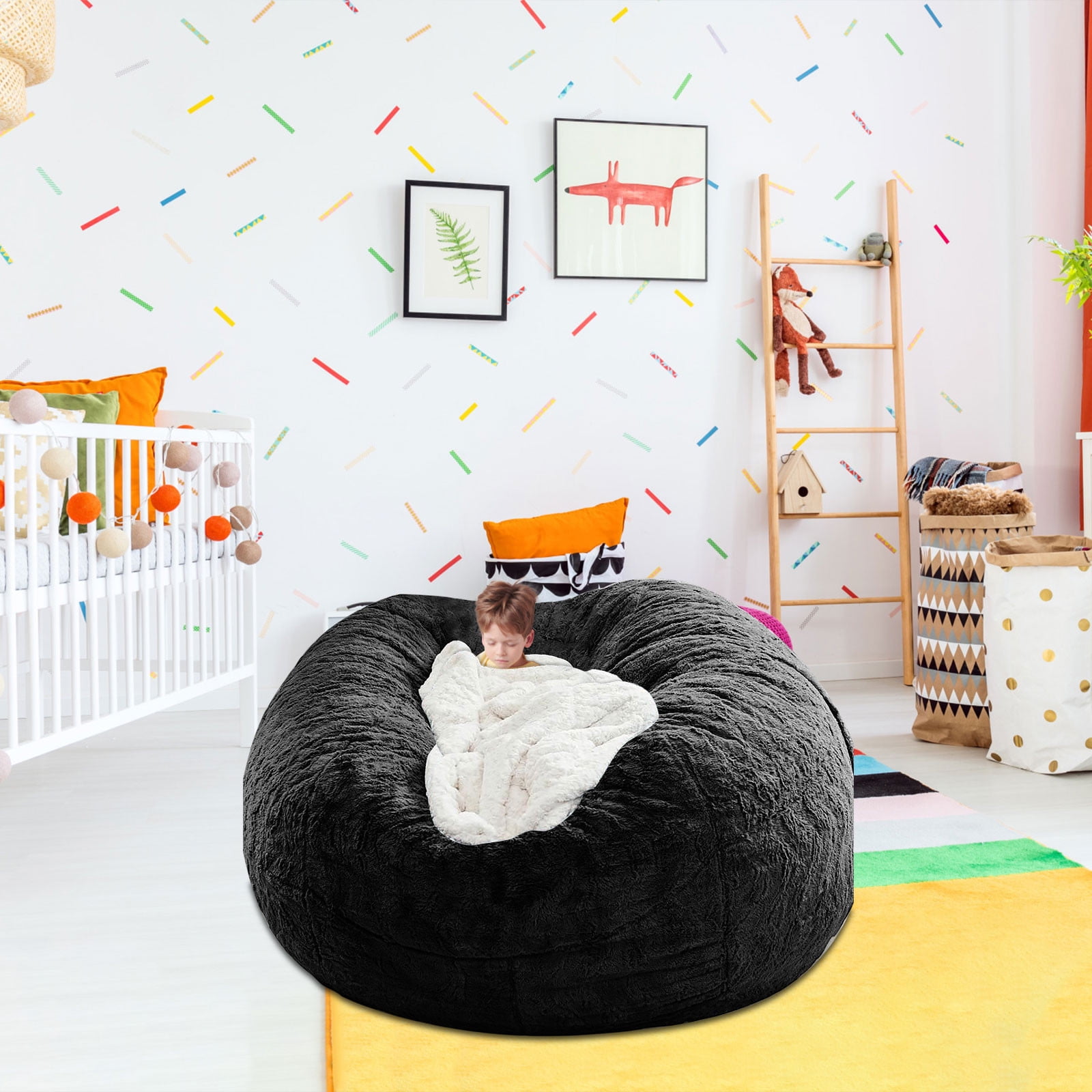 RBCKVXZ 4FT Giant Cotton Beans Bag Chair Cover, Ultra Soft Beans Bag Bed for Adults, Kids (No Filler) Big Round Soft Fluffys Velvet Beans Bag Lazy Sofa Bed Cover, Machine Washable, Black