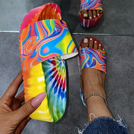 

Womens Fashion Tie-dye Rainbow Wedge Sandasl Chunky Heeled Comfort Slip-on Strappy Sandals Platform Sandals