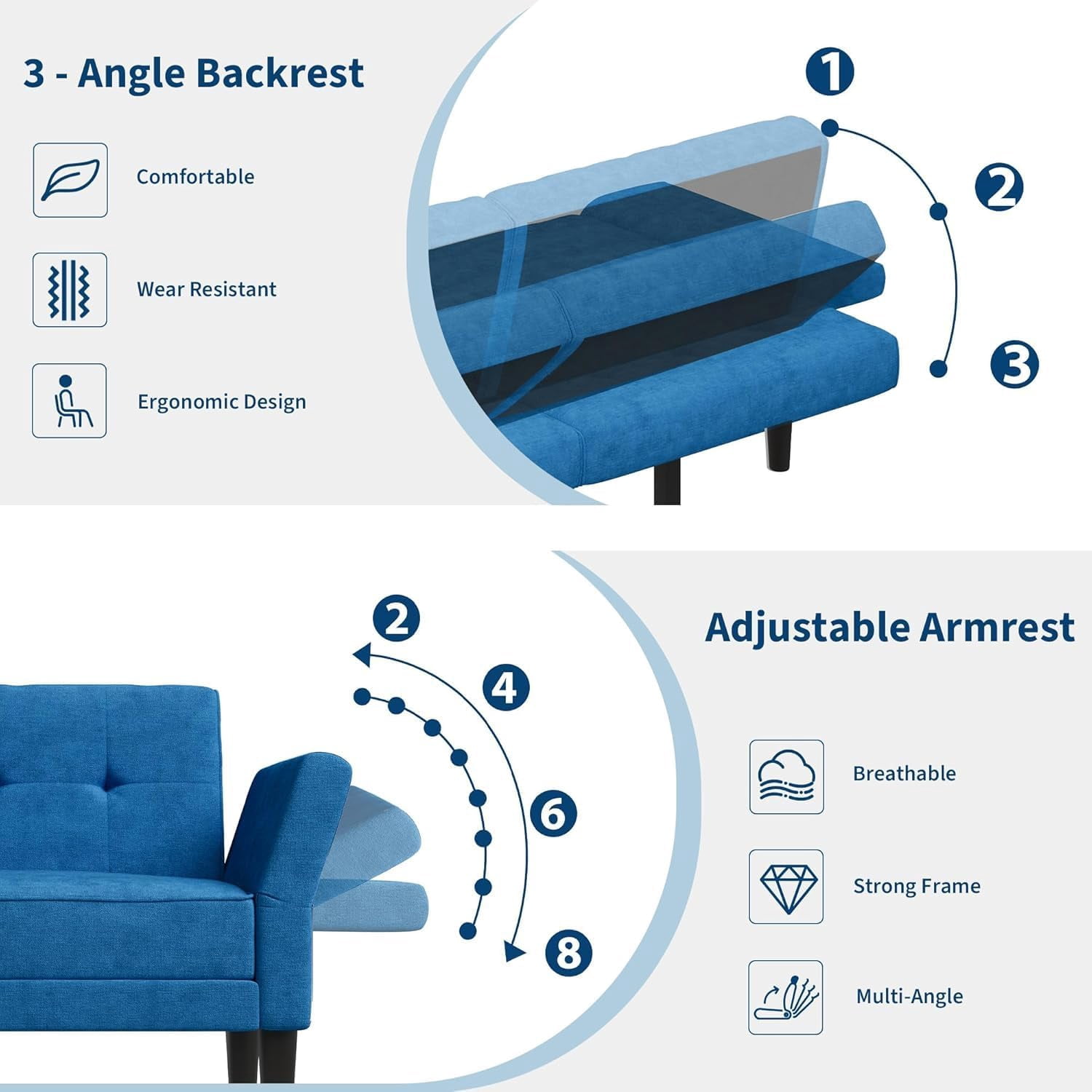 Luku 89" Convertible Futon Sofa Bed, Deep Seat Sleeper Couch with Adjustable Backrest & Armrests