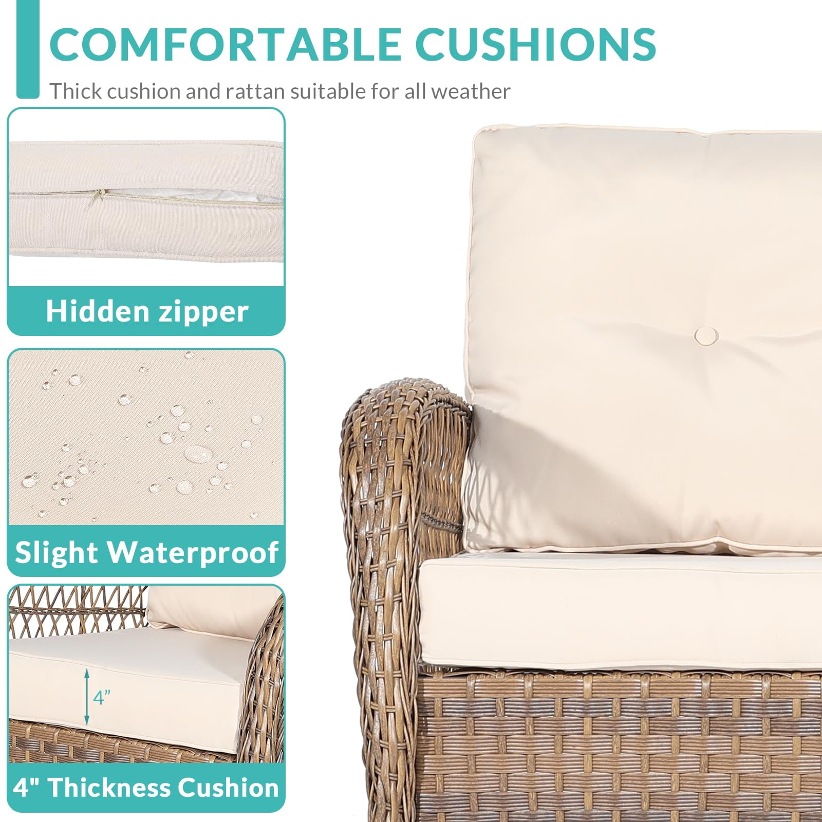 MEETWARM 7 Pieces Outdoor Patio Rattan Furniture Sets, All Weather Patio Wicker Conversation Set- 2 Rocking Chairs, 2 Swivel Chairs, 1 Loveseat Glider with Cushions, 2 Glass-Top Coffee Table, Beige