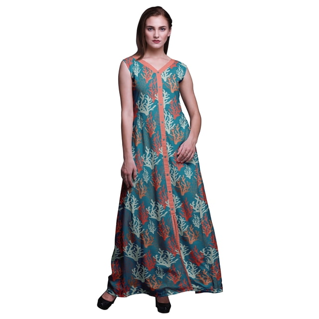 Bimba Ocean Printed Front Slit Sleeveless Summer Spring Long Women BeachDress-Medium