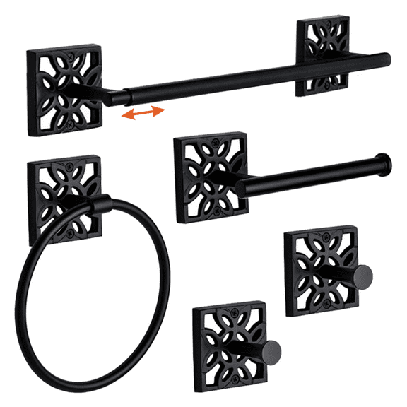 Autumn Alley 5 Pieces Matte Black Bathroom Accessories Set, Wall Mounted - Includes Expandable Towel Rack, Hand Towel Ring, Toilet Paper Holder, and 2 Towel Robe Hook for Bathroom Towel Holder Set