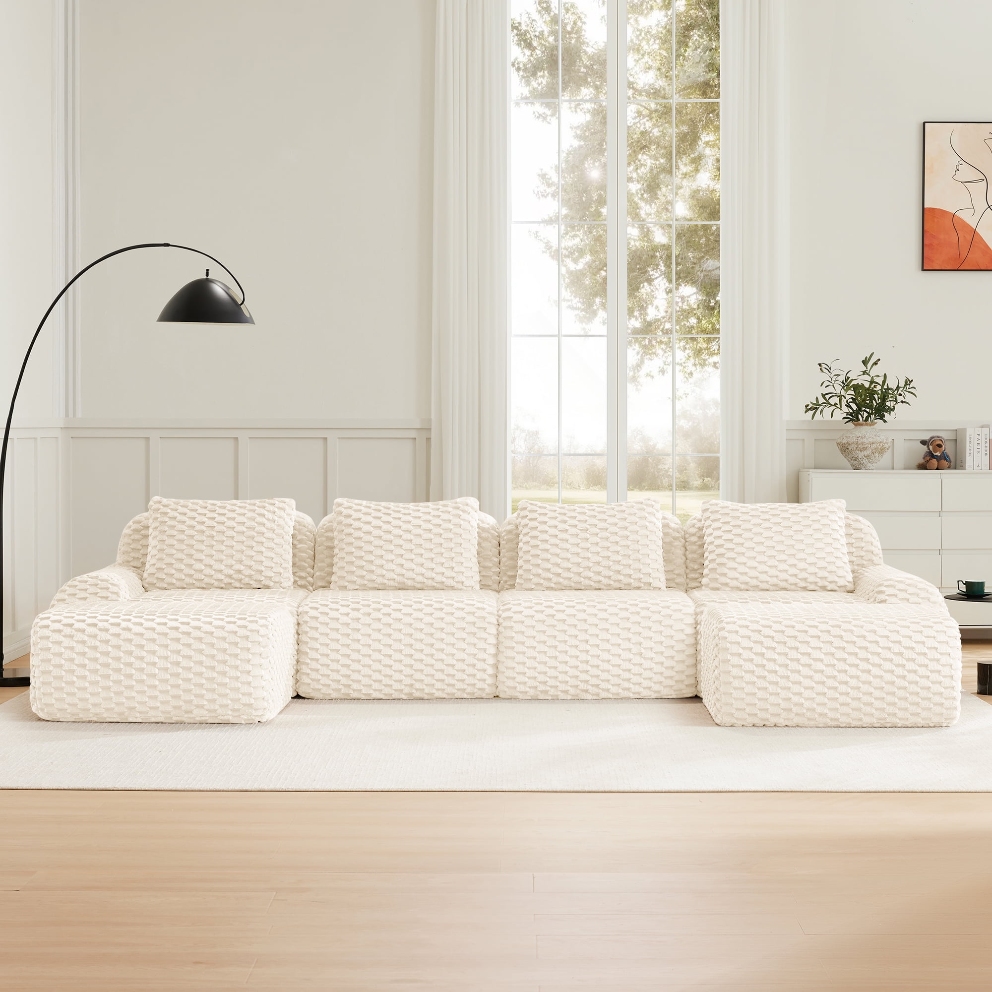 Aukfa 146" U-Shaped Modular Cloud Sectional Sofa, Oversized Deep-Seat 6-Seater Couch with 2 Ottomans, Flannelette Upholstered Boneless Sofa, White