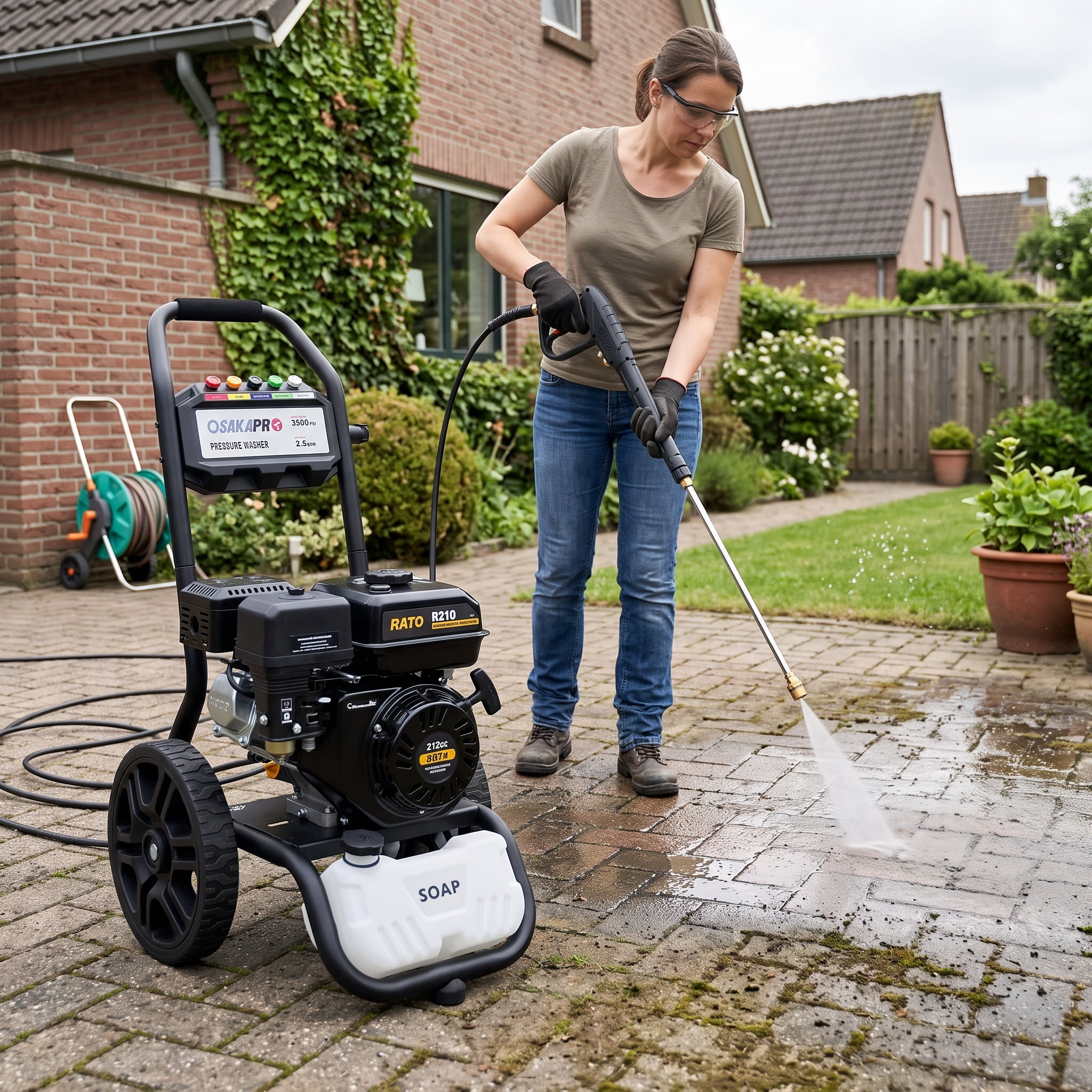 3500PSI Gas Pressure Washer, 2.5GPM Gas Powered High Pressure Washer with 212CC RATO Engine, 5PCS Adjustable Nozzles, Onboard Soap Tank, Spray Gun and Wand