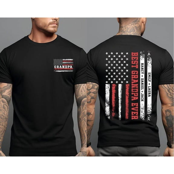 Personalized Grandpa Shirt with Kids’ Names – Custom Papa Flag Tee – Father’s Day Gift for Grandpa – New Papa 4th of July Shirt
