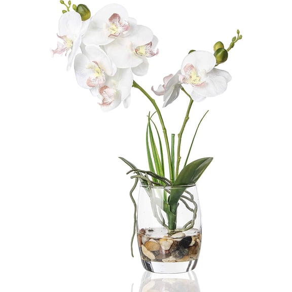 Jusdreen White Orchid Centerpiece in Glass Vase, 14.5 Inch Artificial Phalaenopsis with Potting for Home Office Decor, Table Centerpiece