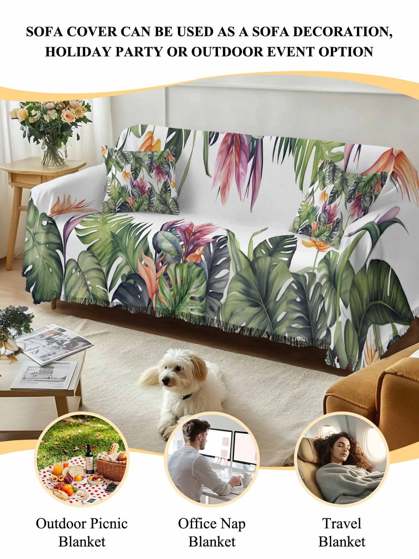 Palm Leaves Couch Cover, Summer Botanical Tropical Plants Sofa Cover Blanket for 3 Cushion Couch,Sectional Sofa Slipcover Furniture Protector for Living Room Bedroom 71''x134''