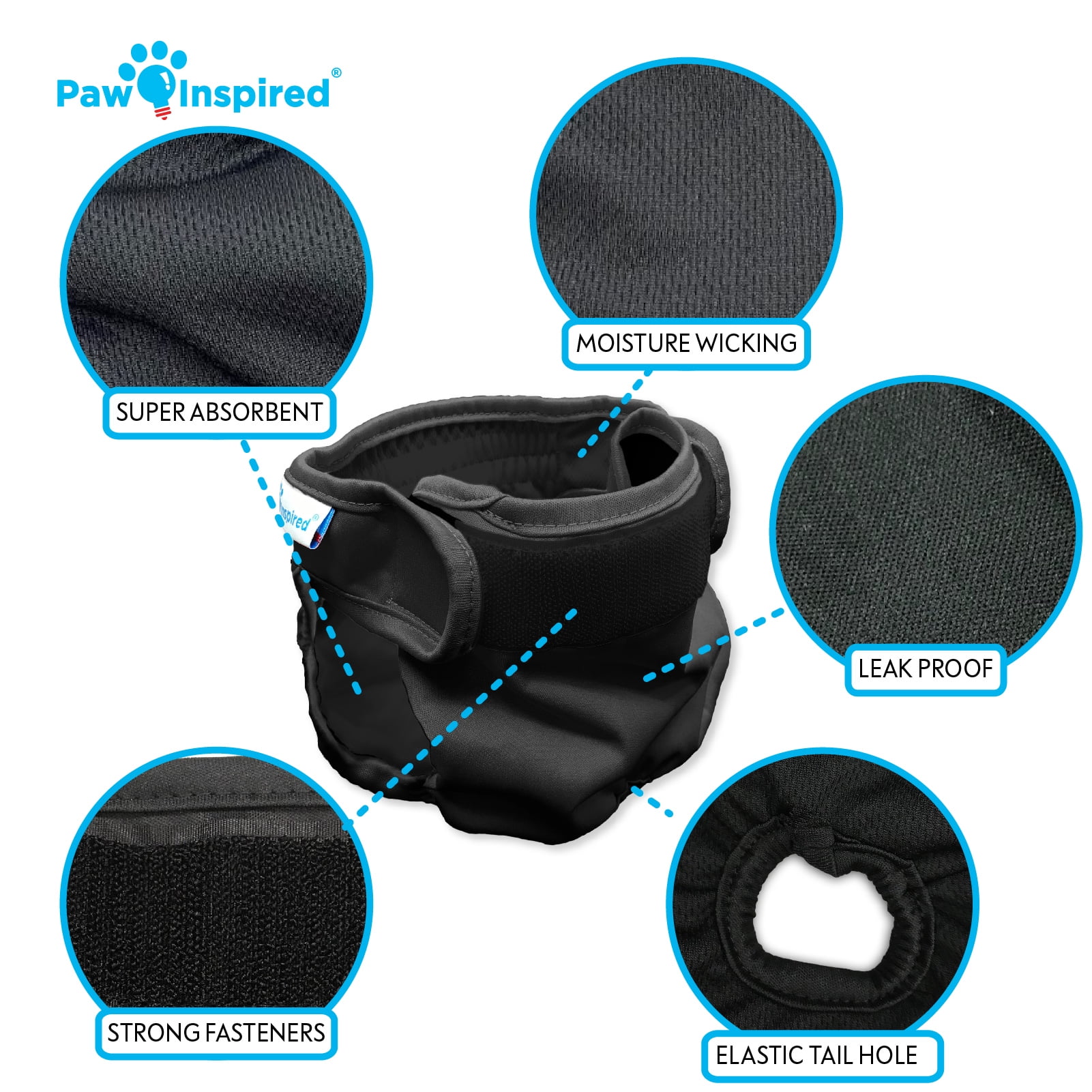 Paw Inspired 3ct Washable Female Dog Diapers, Doggie Doggy Diapers, Puppy Diapers for Female Dog Heat | Reusable Pet Diapers for Female Dogs, Cat Diapers (Black (Black Lining), Small)