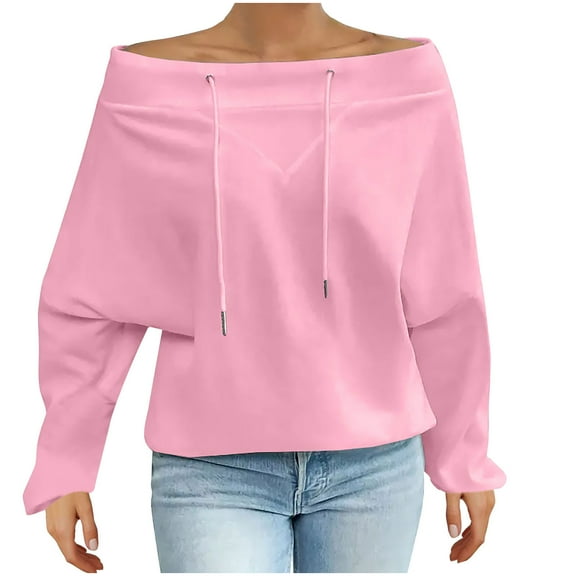 XPMWRP Women's One Shoulder Solid Sweatshirt Fall Fashion Drawstring Batwing Sleeve Tops Casual Long Sleeve Oversized Shirts Pink XL