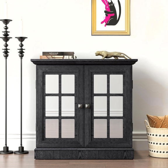 Modern Buffet Sideboard Cabinet, Storage Cabinet with 2 Acrylic Mirrored Doors & Adjustable Shelf, Freestanding Credenza Buffet for Living Room Dining Room, Accent Cabinet Coffee Bar, Black
