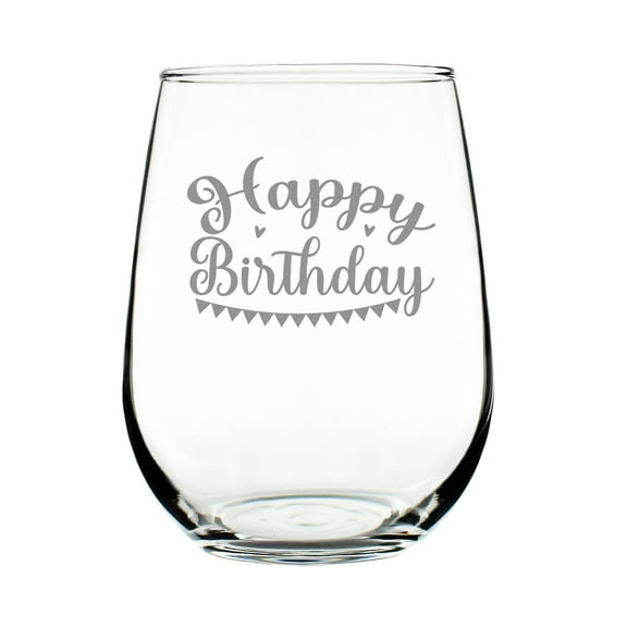 Happy Birthday Wine Glass, 17oz Stemless Hand Engraved Etched Unique Gift
