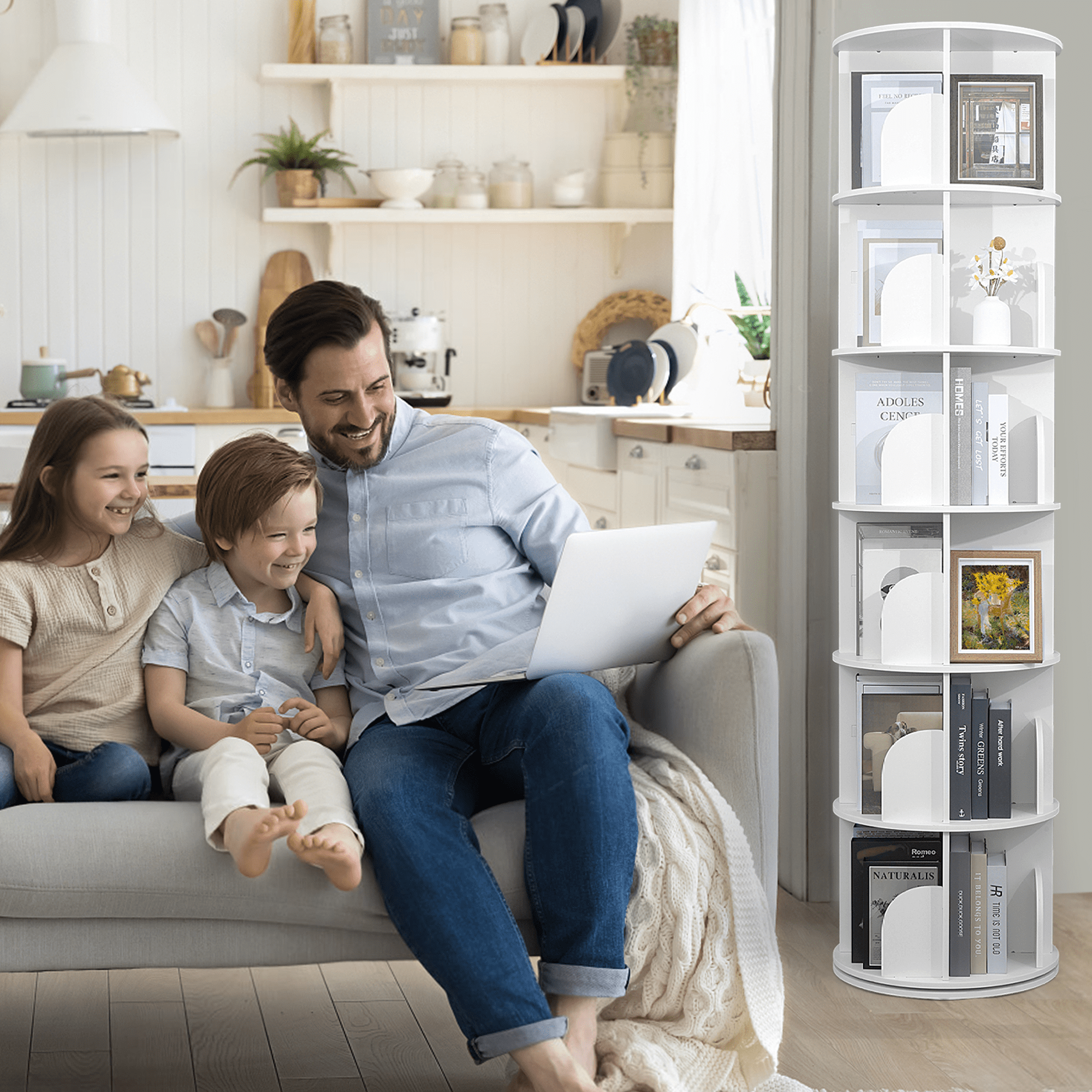 IAJXWI 6-Tier Wooden Rotating Bookcase, 360° Revolving Display Rack with 24 Shelves, White 74"x18"x18"