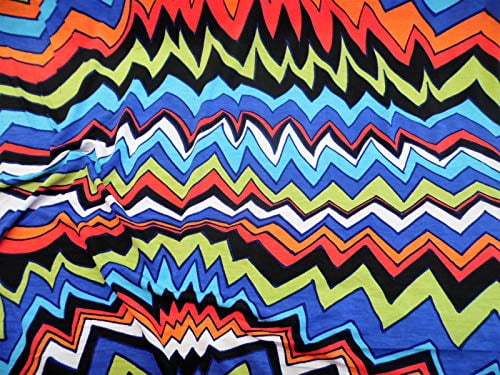 Discount Fabric Printed Spandex Stretch Zig Zag Chevron Blue Orange Green A204