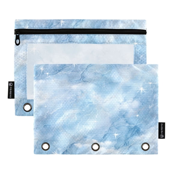 2 Pack 3 Ring Binder Pouch with Clear PVC Window Water Resistant Zipper Pencil Pouch Luxury Ice Blue Marble Art Binder Pocket for Classroom Office Home Stationery Organization