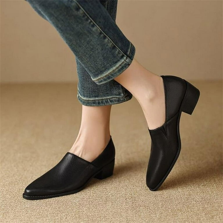 Leather Dress Shoes for Women Ladies Vintage Pointed Toe Mid Heel Slip on  Oxfords Work Shoes - Walmart.com