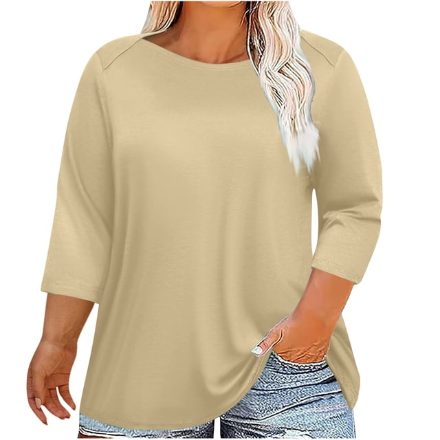 Kaemgyyd 3/4 Length Sleeve Womens Tops 2025 Fashion Crewnec T-Shirts Plus Size Basic Solid Color Tee Gym Workout Clothes