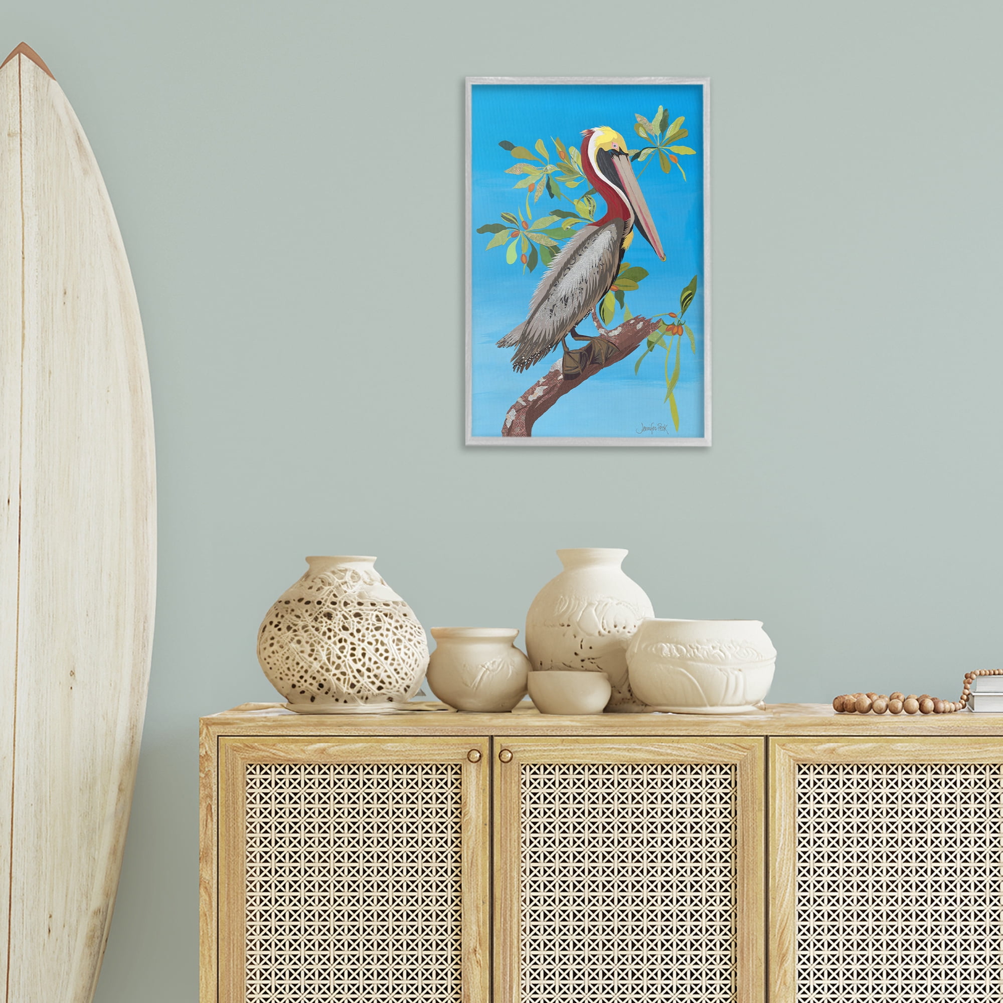 Stupell Industries Brown Pelican on Tree Animals & Insects Painting Gray Framed Art Print Wall Art, 16 x 24