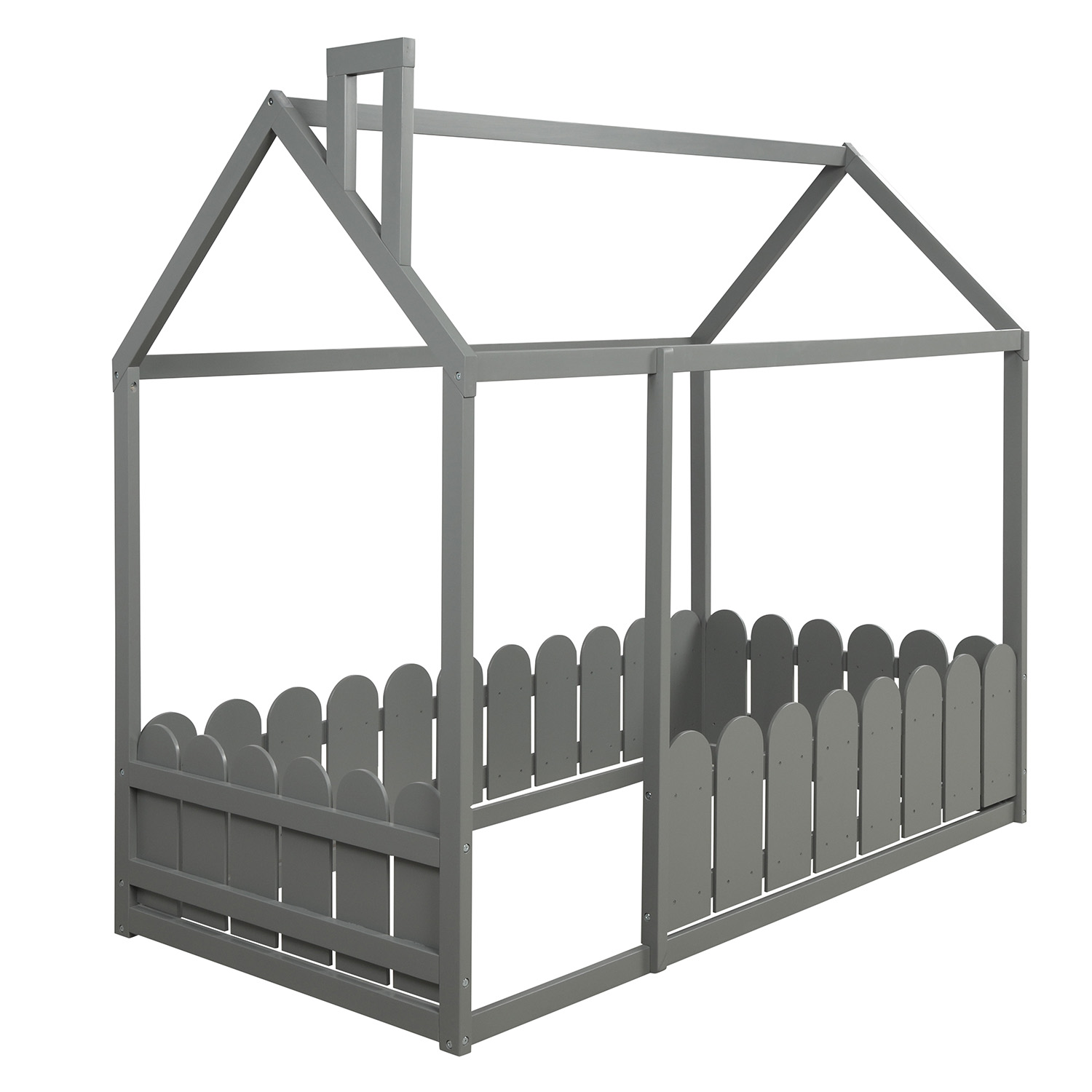 JINS&VICO Twin Size House Bed with Fence, Wood Low Bed Frame with Decorative Roof and Chimney, Playhouse Design Twin Bed for Teens Boys and Girls, Slats are Not Included, Gray - image 3 of 6