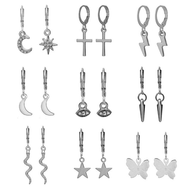 Juego De 9 Pares De Pendientes De Aro Para Mujeres Y Niñas, Pendientes De Aro De Estrella De Mariposa Con Abalorios Colgantes Eigraketly AP006378-02