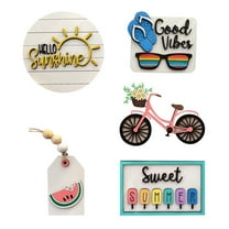 Tkrady Summer Tier Tray Decor 5Pcs Set Summer Decor Set Summer Time Hello Summer Hierarchical Tray Decorative Set Summer Wooden Logo Rural Farmhouse Decorative Wooden Kitchen Hierarchical Tray